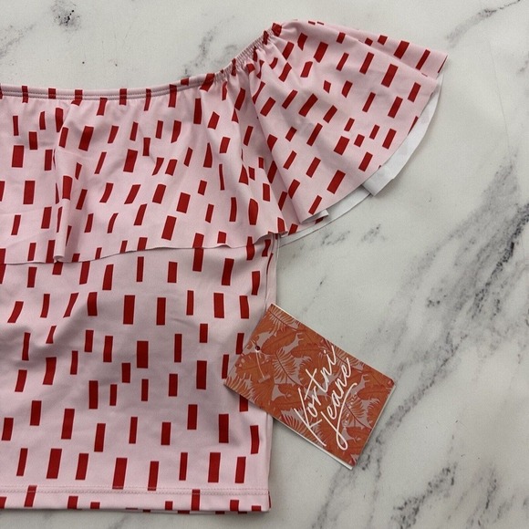 Kortni Jeane Womens Ruffle Around Tankini Top Size S New Pink Red Geometric Swim - Picture 2 of 8